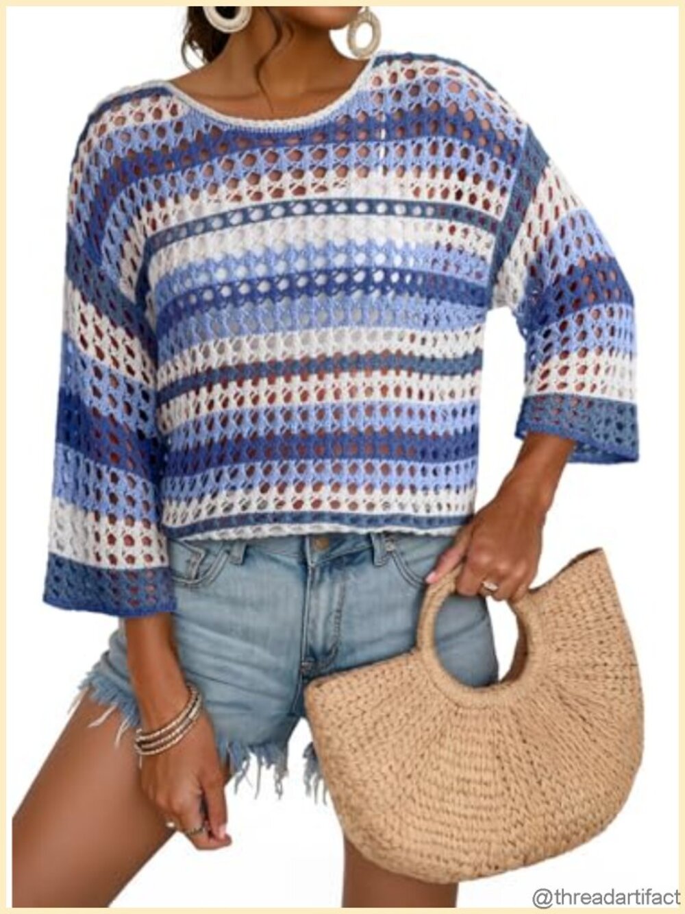 Crochet Sweater 3/4 Sleeve Hollow Out Color Block Pullover Cover Up